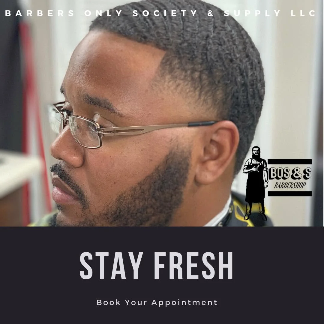 Promotional haircut image showing waves, temple shaping, beard detail, and Stay Fresh text